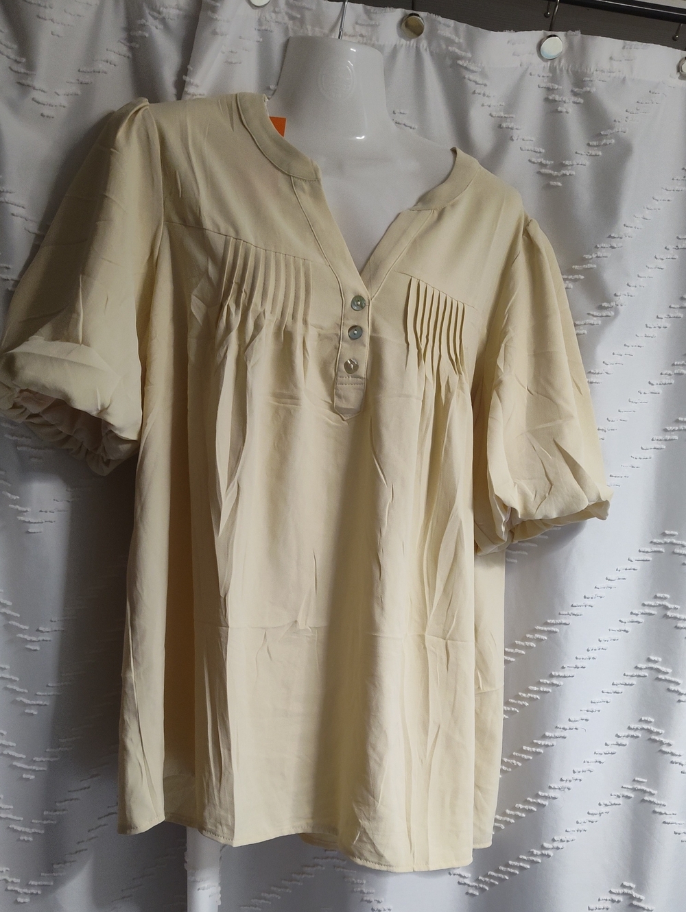 Cream Pintuck Puff-Sleeve Henley Blouse